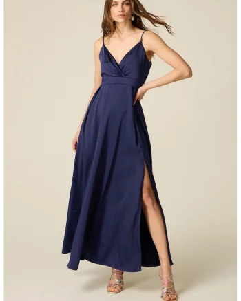 Rochie lunga cu decolteu in V si slit lateral, Bleumarin