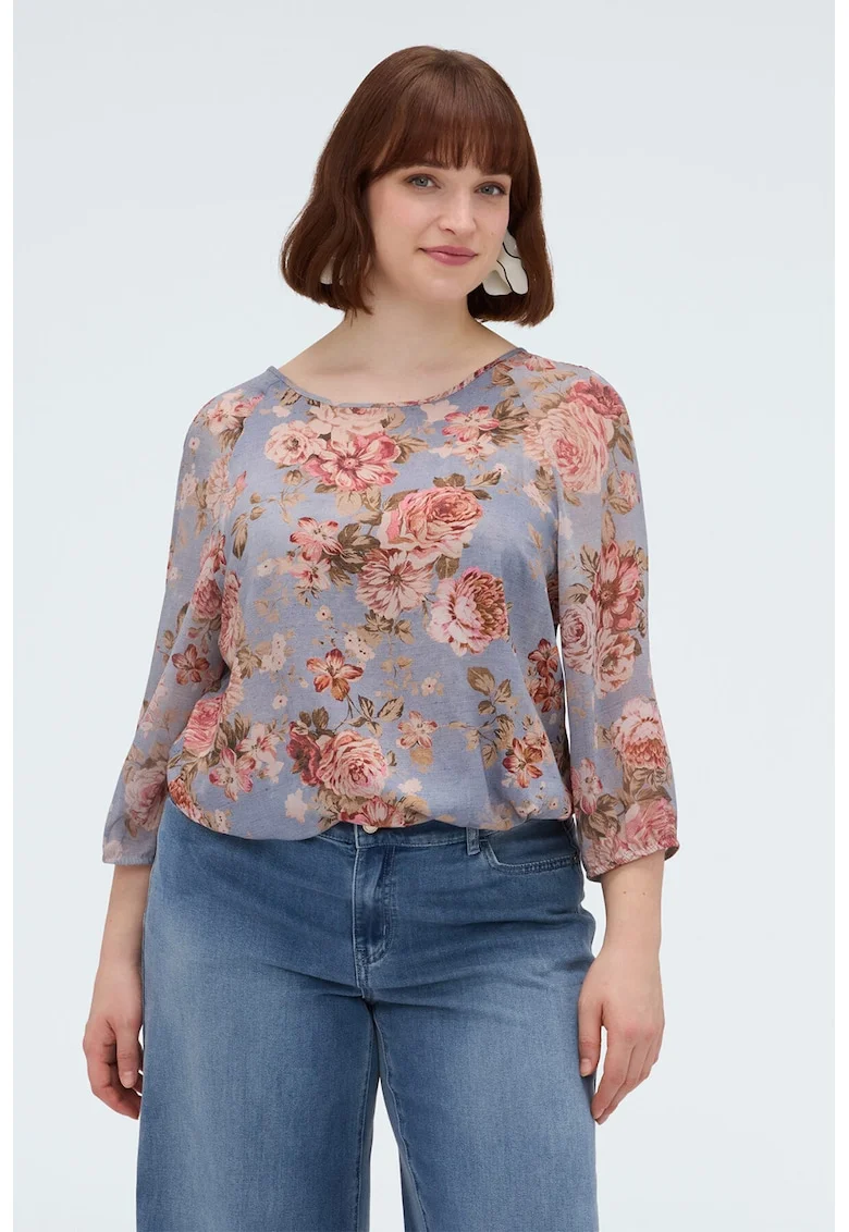 Bluza cu decolteu rotund si model floral, Multicolor