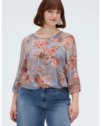 Bluza cu decolteu rotund si model floral, Multicolor