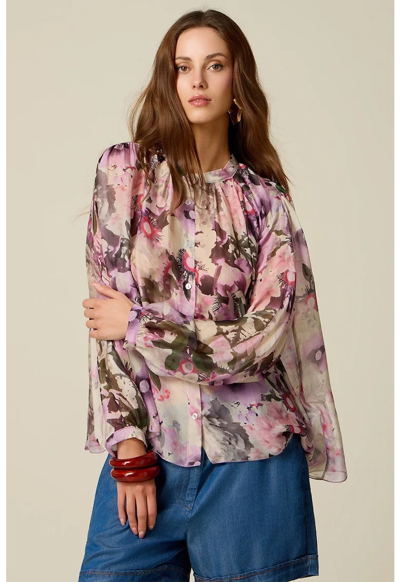 Bluza lejera din amestec de matase cu model floral, Violet/Roz