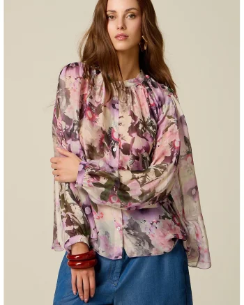 Bluza lejera din amestec de matase cu model floral, Violet/Roz