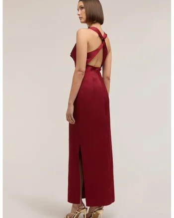 Rochie cu decolteu halter si decupaj lateral, Rosu inchis