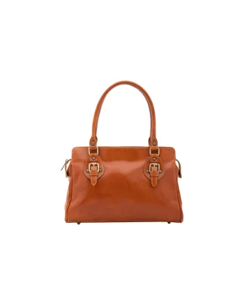 Geanta de piele cu maner si doua compartimente False, Maro cognac