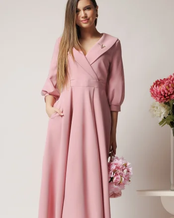 Rochie LaDonna office din stofa roz cu bust petrecut si rever