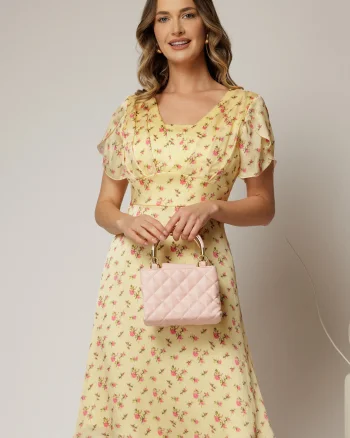 Rochie midi galbena din voal cu imprimeu floral si maneci scurte petrecute