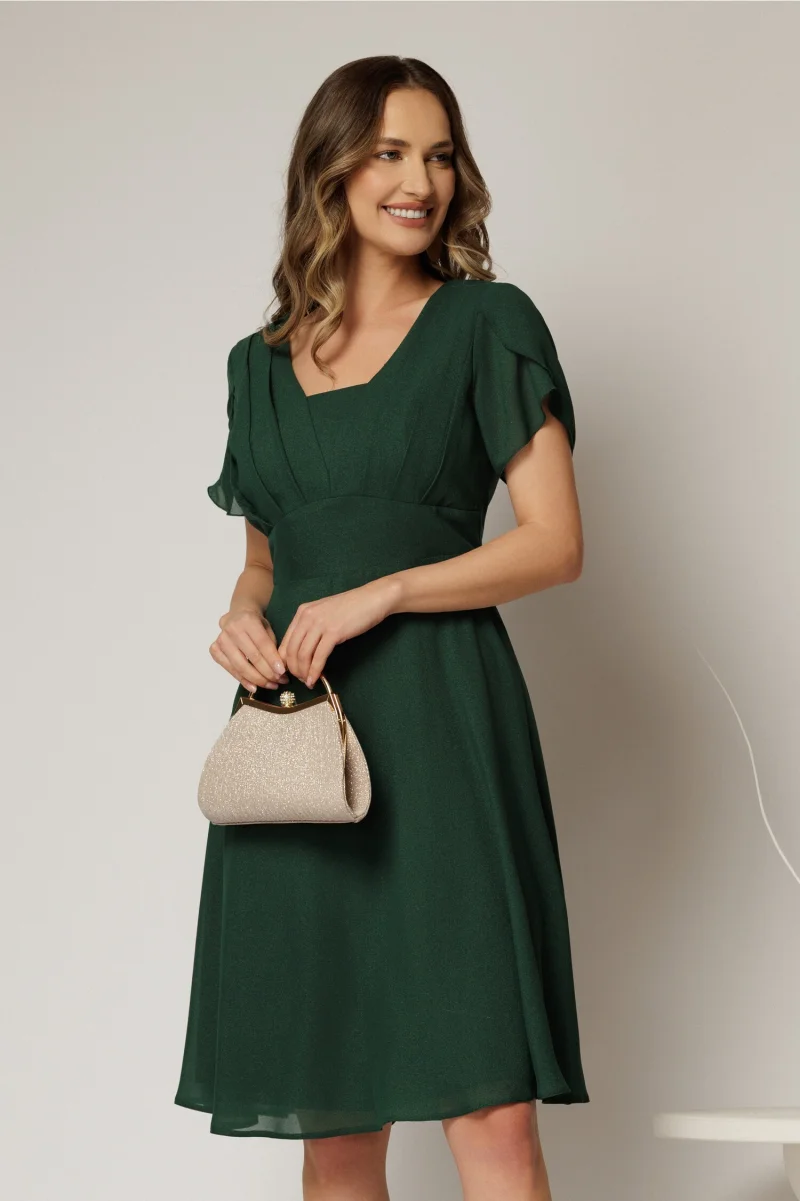 Rochie midi verde din voal cu sidef si maneci scurte petrecute