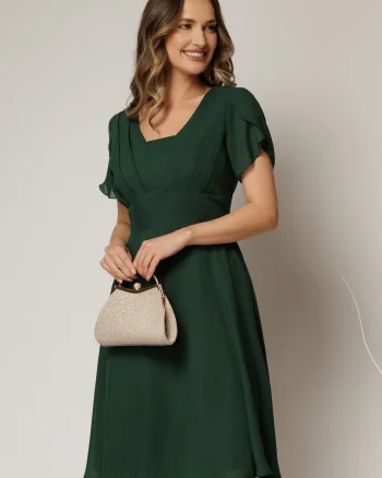 Rochie midi verde din voal cu sidef si maneci scurte petrecute
