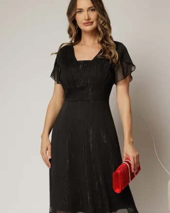 Rochie midi neagra din voal cu fir lurex si maneci scurte petrecute