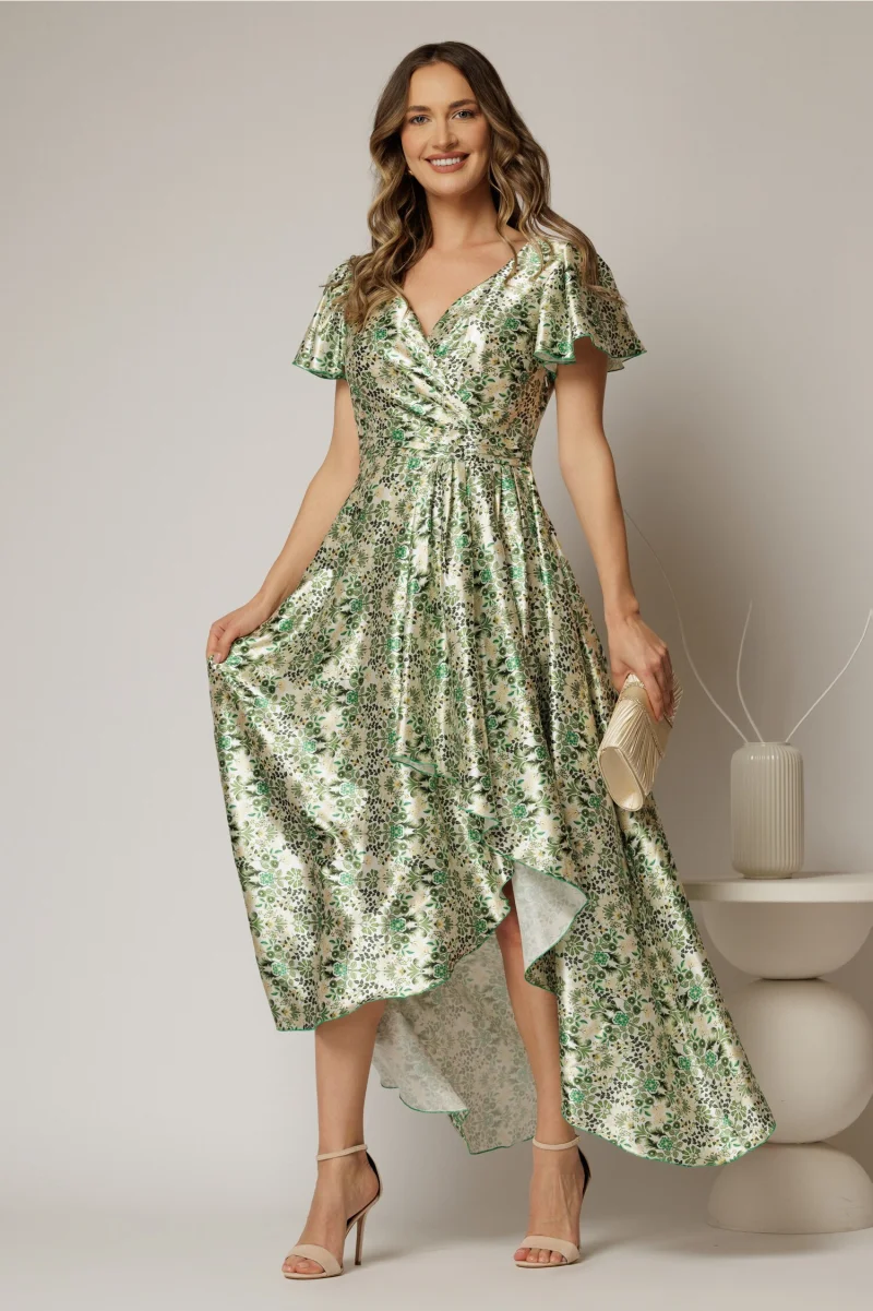 Rochie asimetrica din satin cu imprimeuri verzi si decolteu petrecut