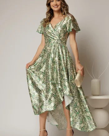 Rochie asimetrica din satin cu imprimeuri verzi si decolteu petrecut