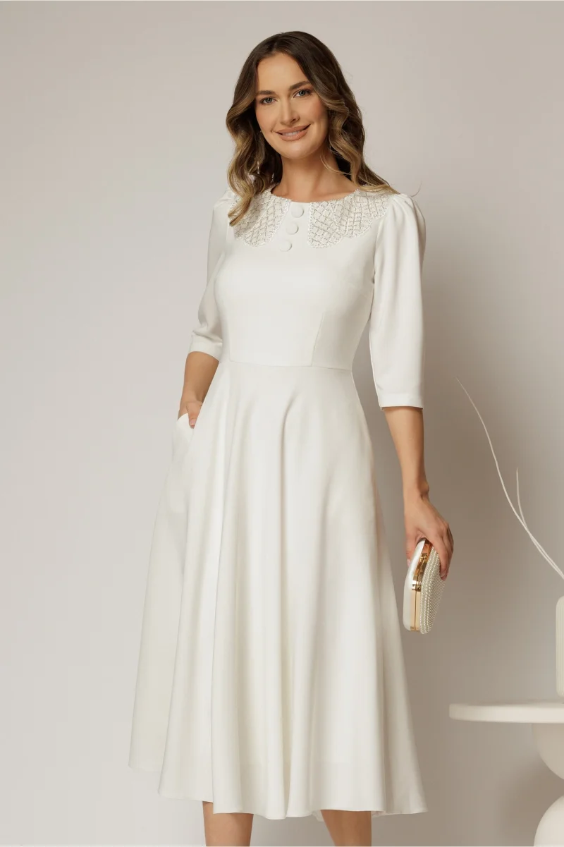 Rochie midi alba de ocazie cu nasturi pe bust si guler cu broderie si margele