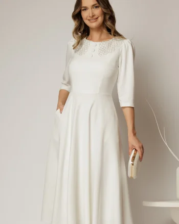 Rochie midi alba de ocazie cu nasturi pe bust si guler cu broderie si margele