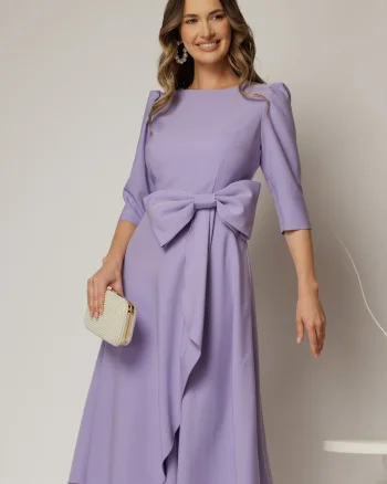 Rochie DY Fashion lila cu funda ampla in talie decolteu rotund maneci trei sferturi