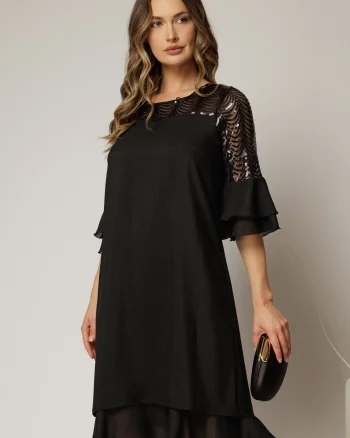 Rochie midi neagra cu sidef si paiete la bust