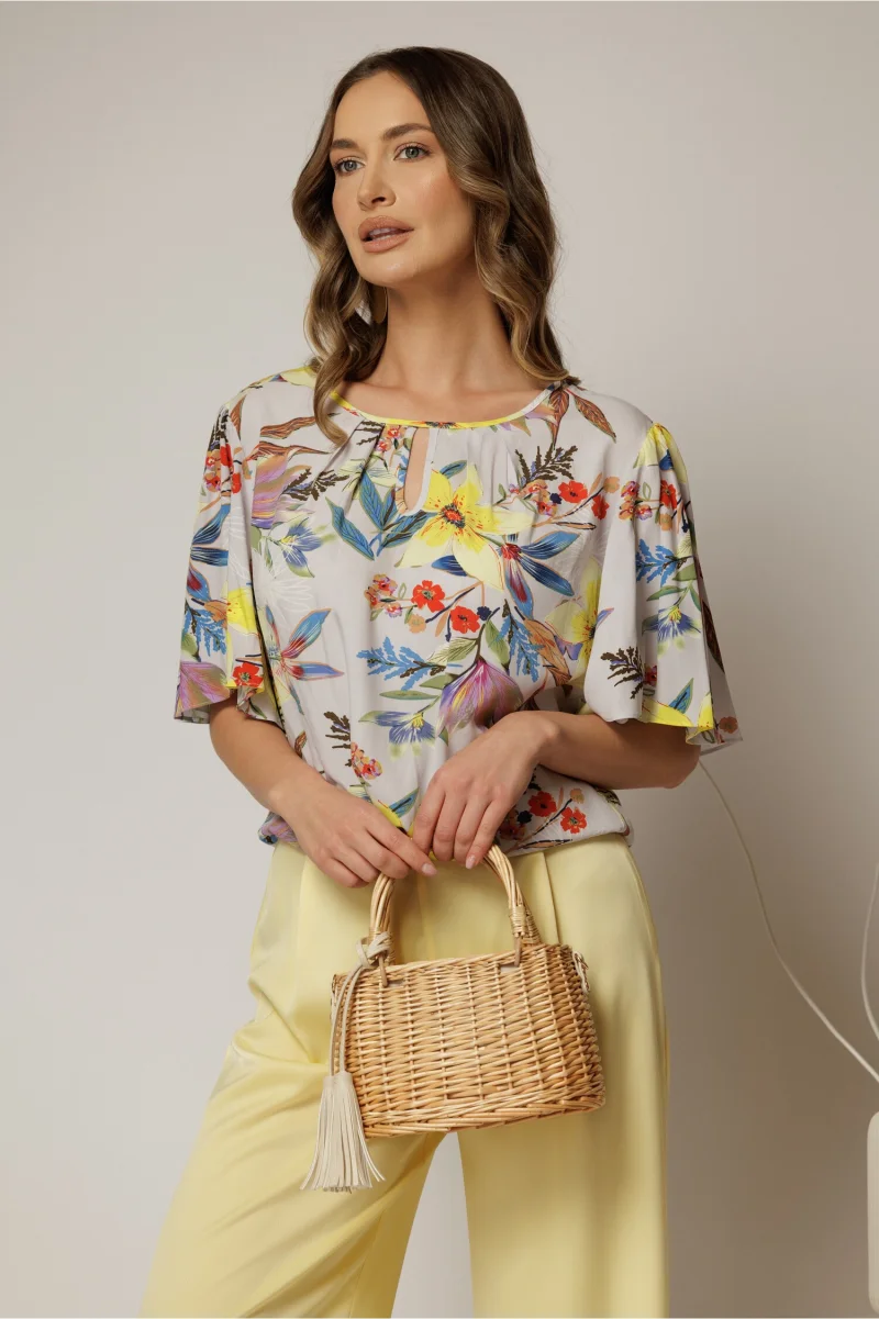 Bluza casual din viscoza gri cu imprimeuri galbene si croi lejer