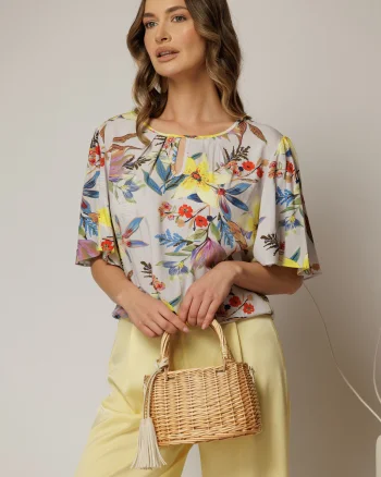 Bluza casual din viscoza gri cu imprimeuri galbene si croi lejer