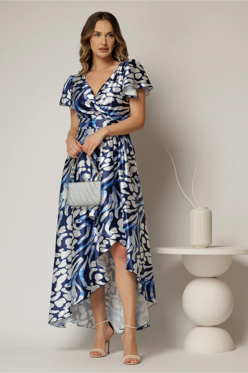 Rochie asimetrica din satin cu imprimeuri bleumarin si decolteu petrecut