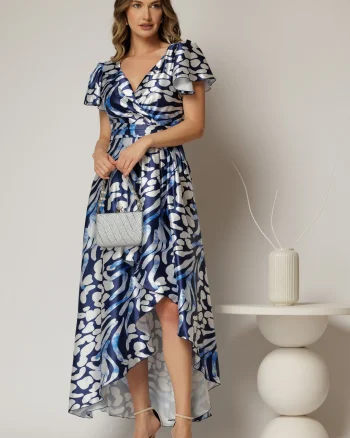 Rochie asimetrica din satin cu imprimeuri bleumarin si decolteu petrecut