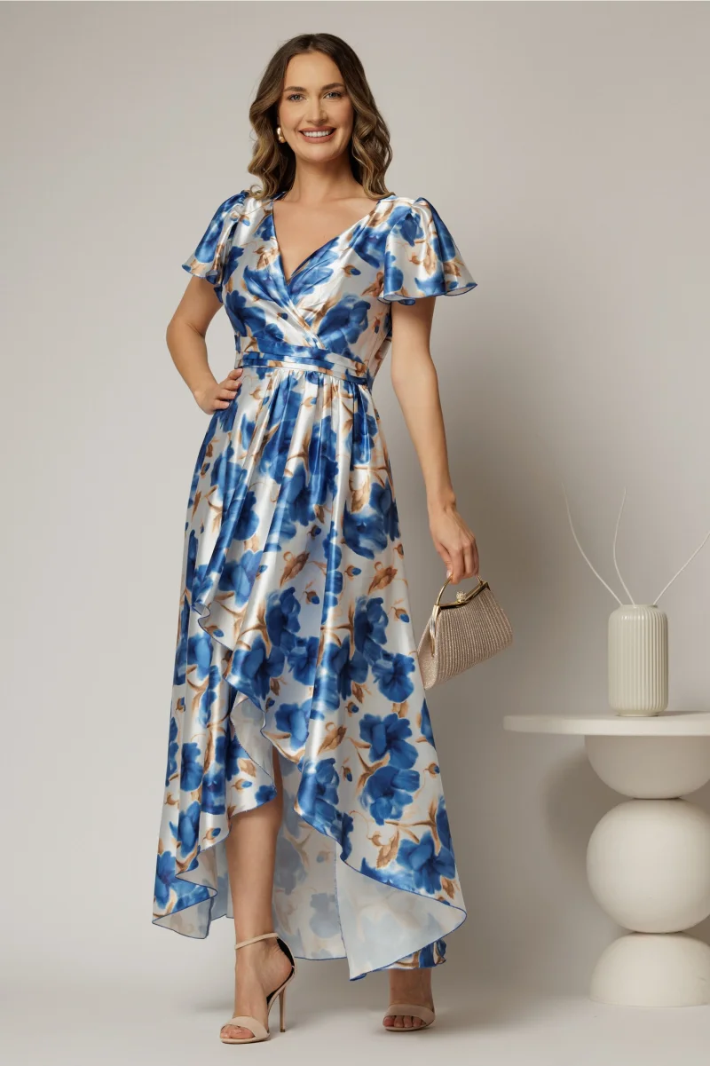 Rochie asimetrica din satin cu imprimeuri albastre si decolteu petrecut