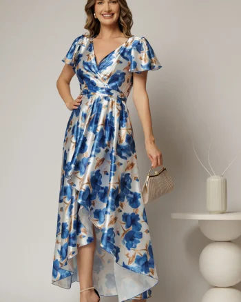 Rochie asimetrica din satin cu imprimeuri albastre si decolteu petrecut