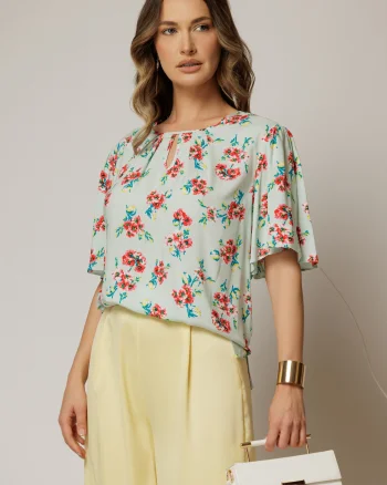 Bluza casual din viscoza verde menta cu imprimeuri roz si croi lejer