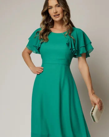 Rochie midi din voal verde si volanase la maneci