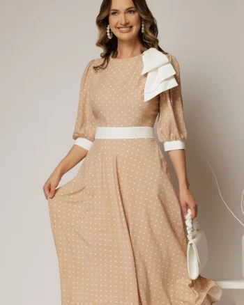 Rochie DY Fashion midi bej cu buline si funda ampla pe umar