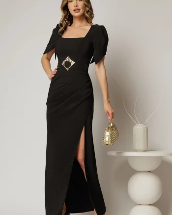 Rochie lunga neagra de seara cu decolteu patrat si maneci scurte