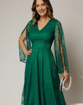 Rochie DY Fashion verde din dantela cu maneci lungi crapate si decolteu in V