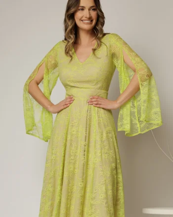 Rochie DY Fashion galben lime din dantela cu maneci lungi crapate si decolteu in V