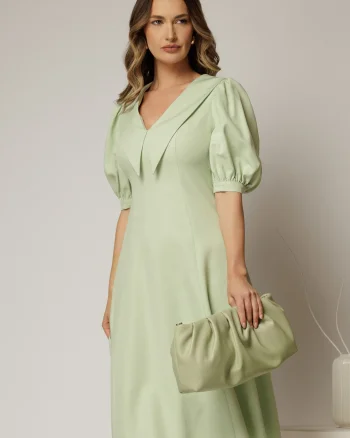 Rochie DY Fashion verde fistic in clini cu guler ascutit si maneci scurte bufante