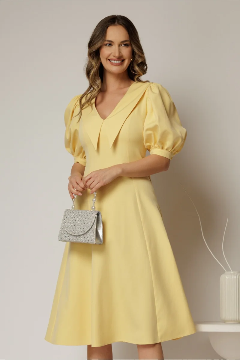 Rochie DY Fashion galbena in clini cu guler ascutit si maneci scurte bufante