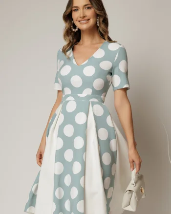 Rochie DY Fashion bleu cu buline mari si pliuri ample in contrast