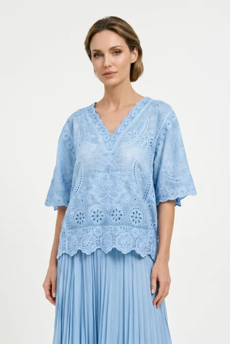 Bluza din bumbac brodat cu decolteu in V si maneci evazate, eleganta, bleu