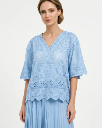 Bluza din bumbac brodat cu decolteu in V si maneci evazate, eleganta, bleu