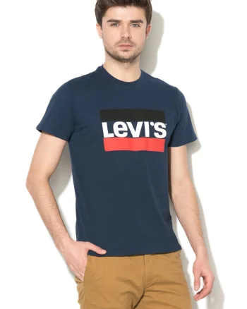 Tricou cu decolteu la baza gatului si logo, Albastru