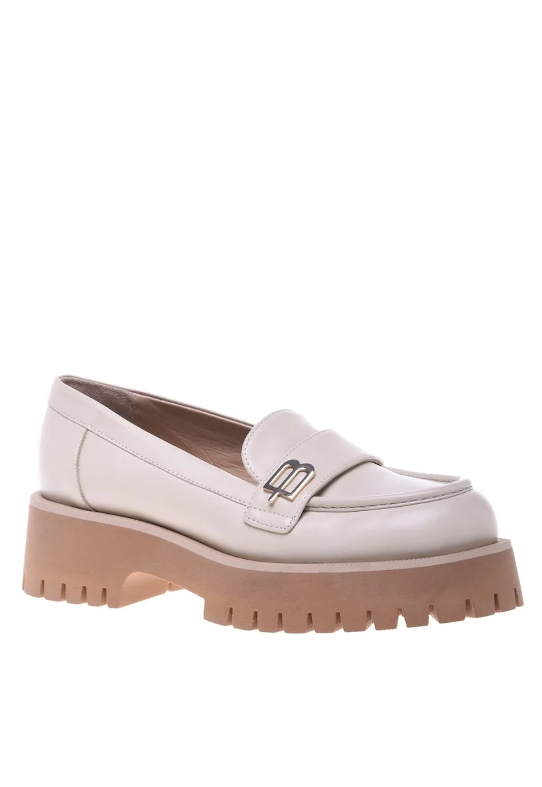Pantofi loafer de piele cu toc masiv, Crem