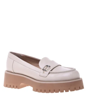 Pantofi loafer de piele cu toc masiv, Crem