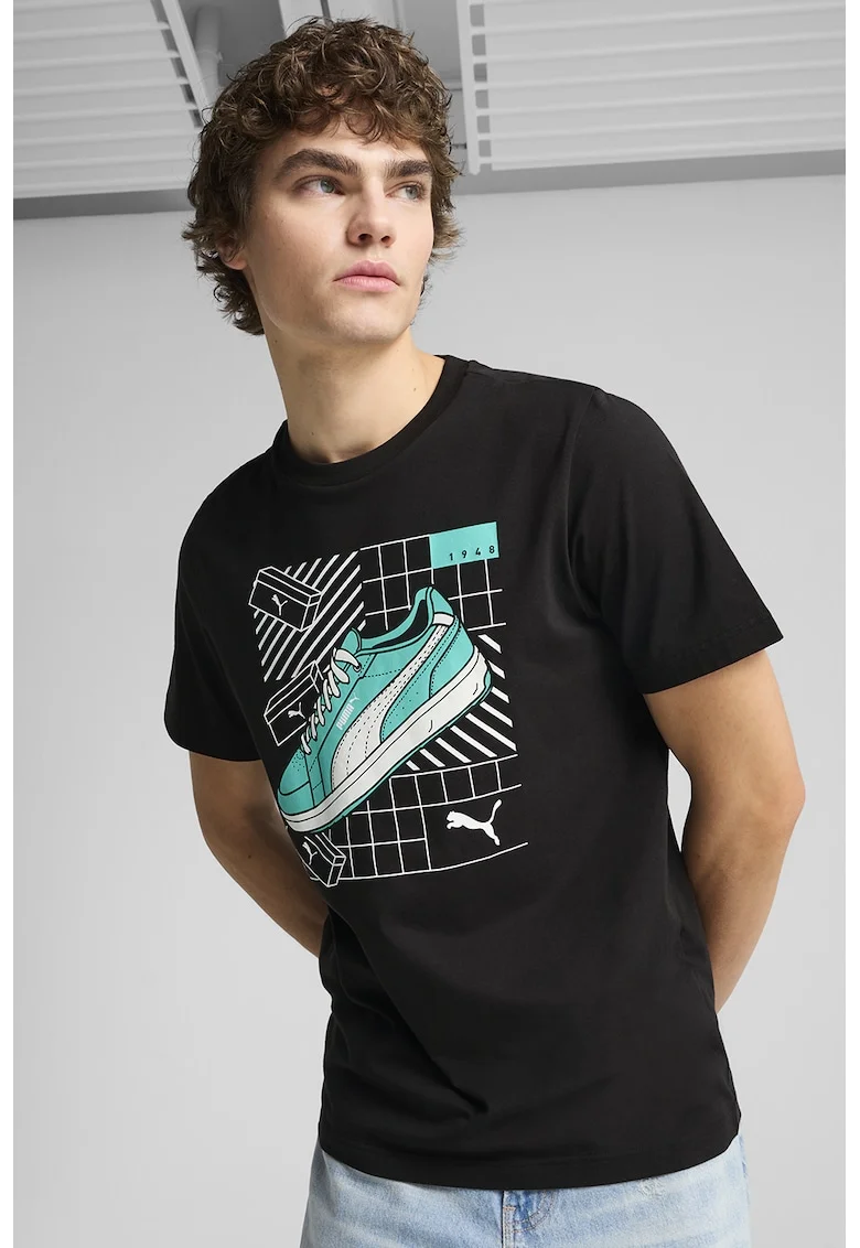 Tricou regular fit de bumbac cu model grafic, Alb/Negru/Turcoaz