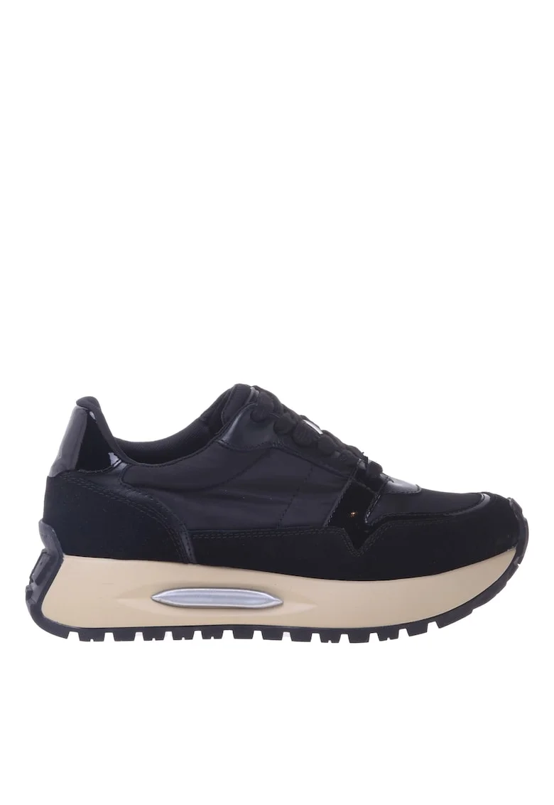 Pantofi sport cu talpa wedge si garnituri din piele intoarsa si material textil, Negru