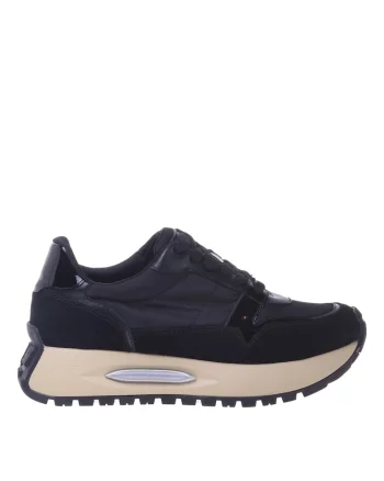 Pantofi sport cu talpa wedge si garnituri din piele intoarsa si material textil, Negru