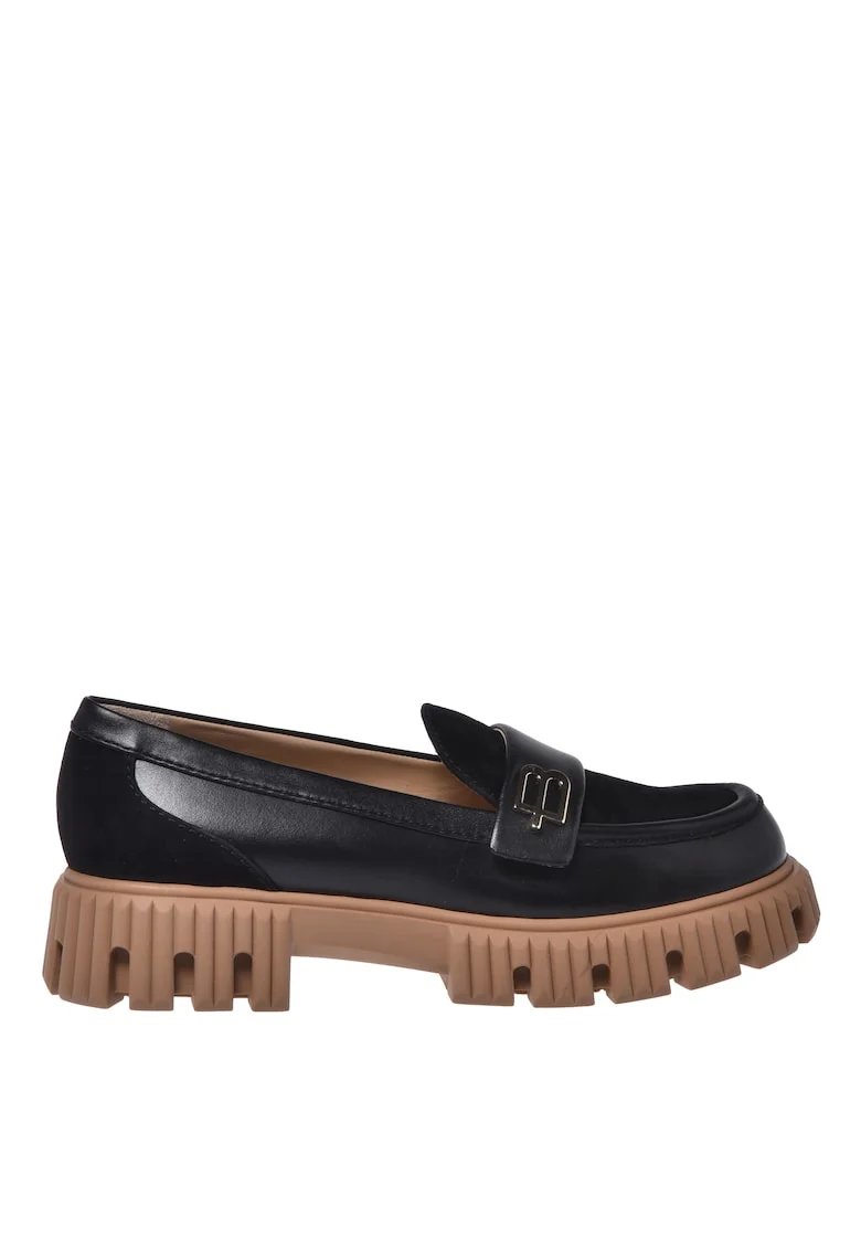 Pantofi loafer din piele cu talpa demi-wedge si detaliu cu logo metalic, Negru