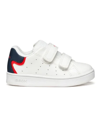 Pantofi sport cu velcro si model perforat, Alb/Bleumarin
