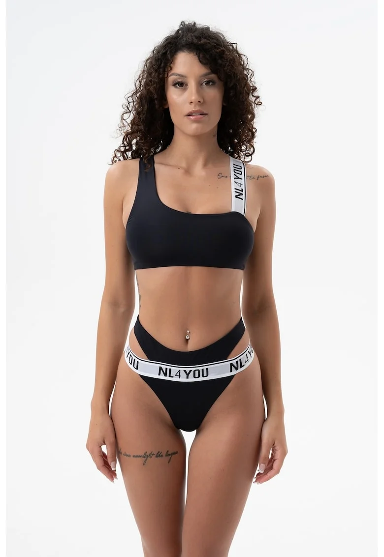 Costum de baie din doua piese cu imprimeu logo, Negru stins