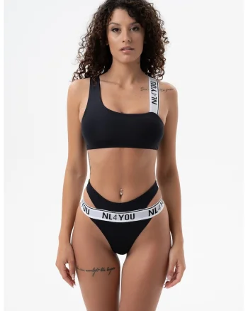 Costum de baie din doua piese cu imprimeu logo, Negru stins