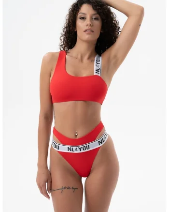 Costum de baie din doua piese cu logo, Caramiziu