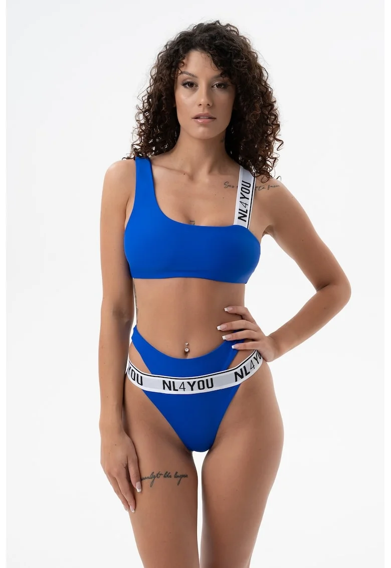 Costum de baie din doua piese cu imprimeu logo, Albastru royal