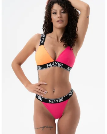 Costum de baie din doua piese cu benzi logo, Roz aprins/Portocaliu persan