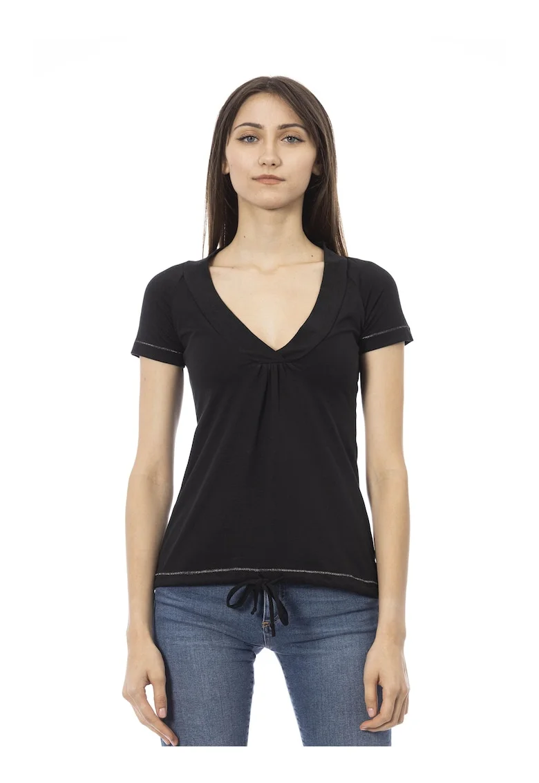 Tricou slim fit cu decolteu in V, Negru