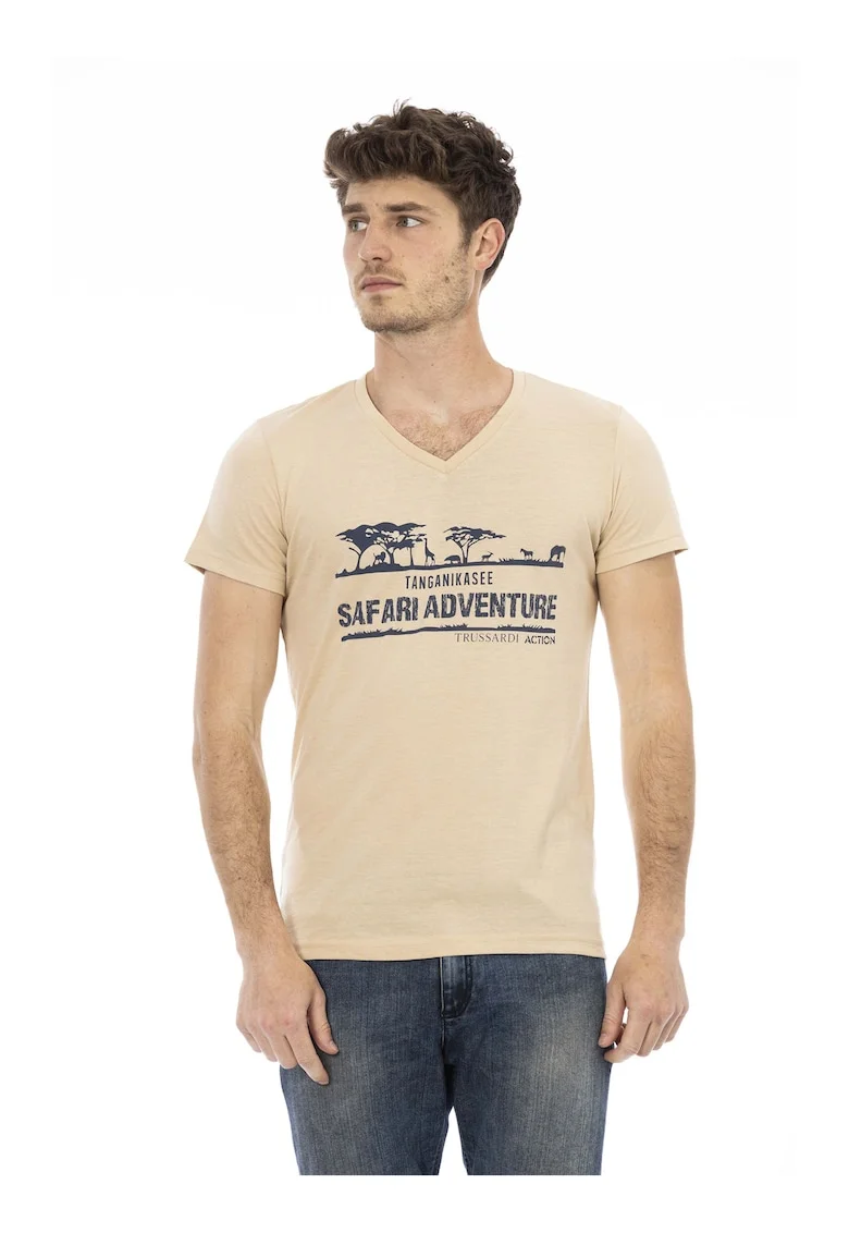 Tricou cu decolteu in V si imprimeu, Bej inchis